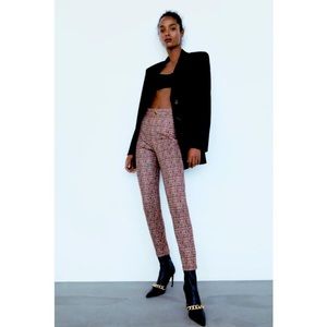 ZARA CHECK BONDED LEGGINGS PANTS RHINESTONE BUTTON